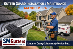 SM Gutters technician installing gutter guards on a home in Manheim PA with Lancaster County craftsmanship