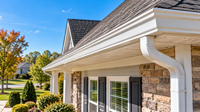 Completed gutter replacement featuring newly installed white gutters and downspouts on a residential home in Lititz, PA. Completed gutter replacement featuring newly installed white gutters and downspouts on a residential home in Lititz, PA.