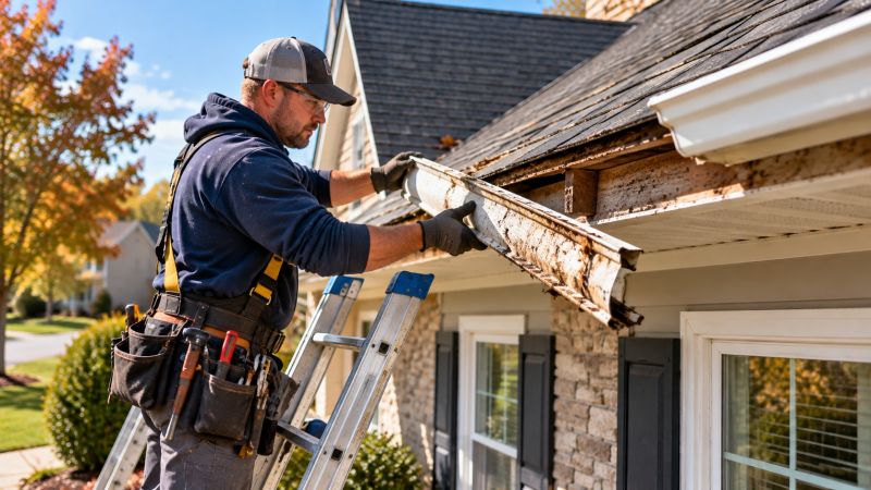 Professional gutter installers replacing residential gutters on a home in Lititz, PA 17543. Professional gutter installers replacing residential gutters on a home in Lititz, PA 17543.