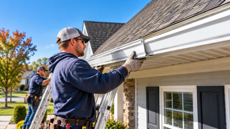 Professional gutter replacement crew installing new seamless gutters on a residential home in Lititz, PA.